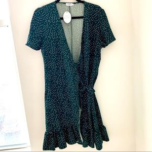 Emerald Green Dotted Ruffle Wrap Dress Tie Waist
